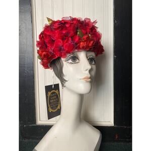 vintage 1950s red flower hat pillbox 50s fashion easter 3-D millinery rockabilly